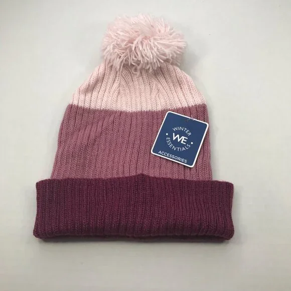 Winter Essentials Women's One Size Burgundy Stripes Knit Beanie Hat With Pom New - Picture 2 of 11